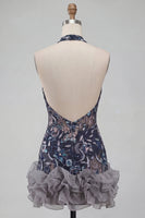 Load image into Gallery viewer, Floral Navy Tight Ruffled Halter Sparkly Short Cocktail Dress with Beading