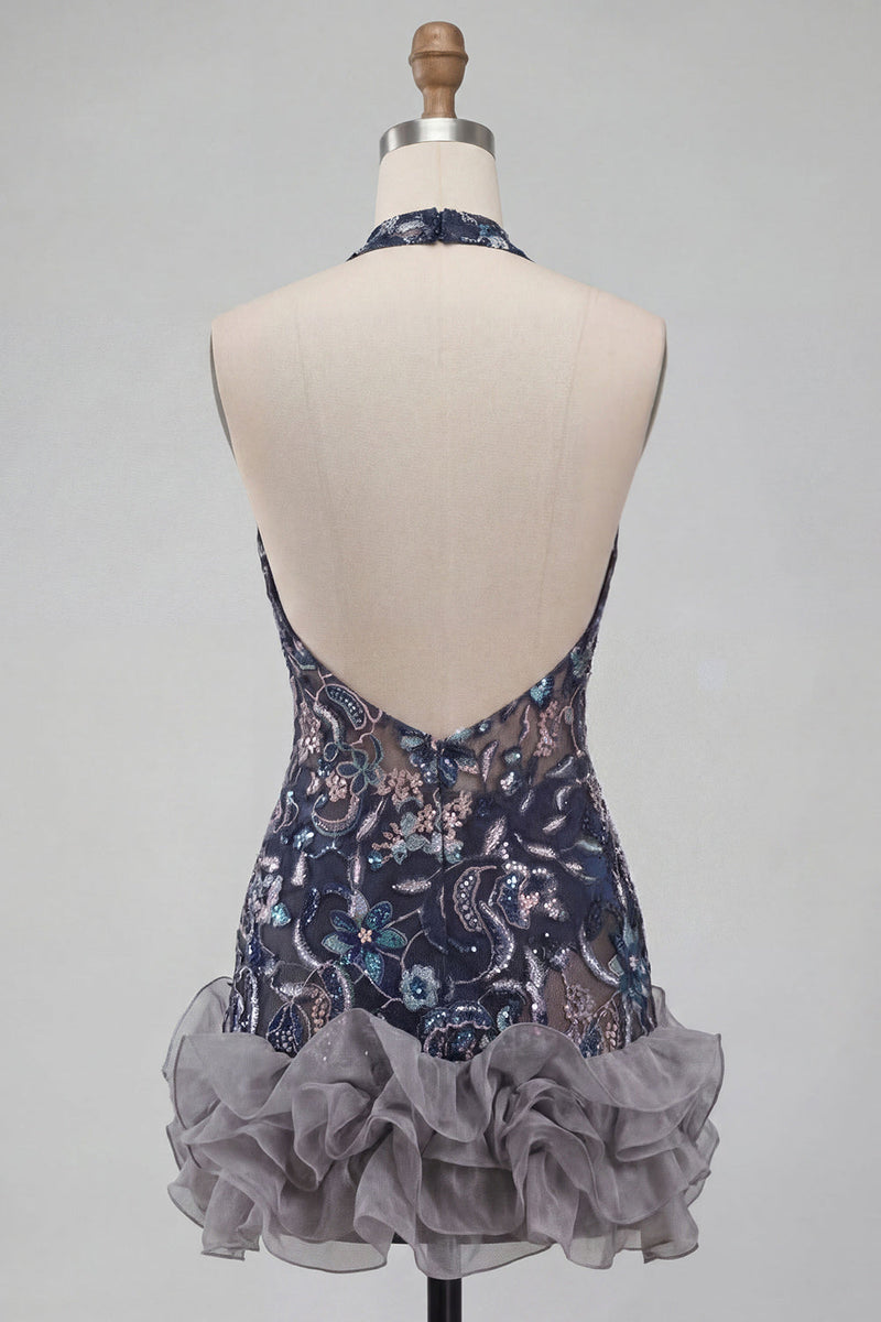 Load image into Gallery viewer, Floral Navy Tight Ruffled Halter Sparkly Short Cocktail Dress with Beading