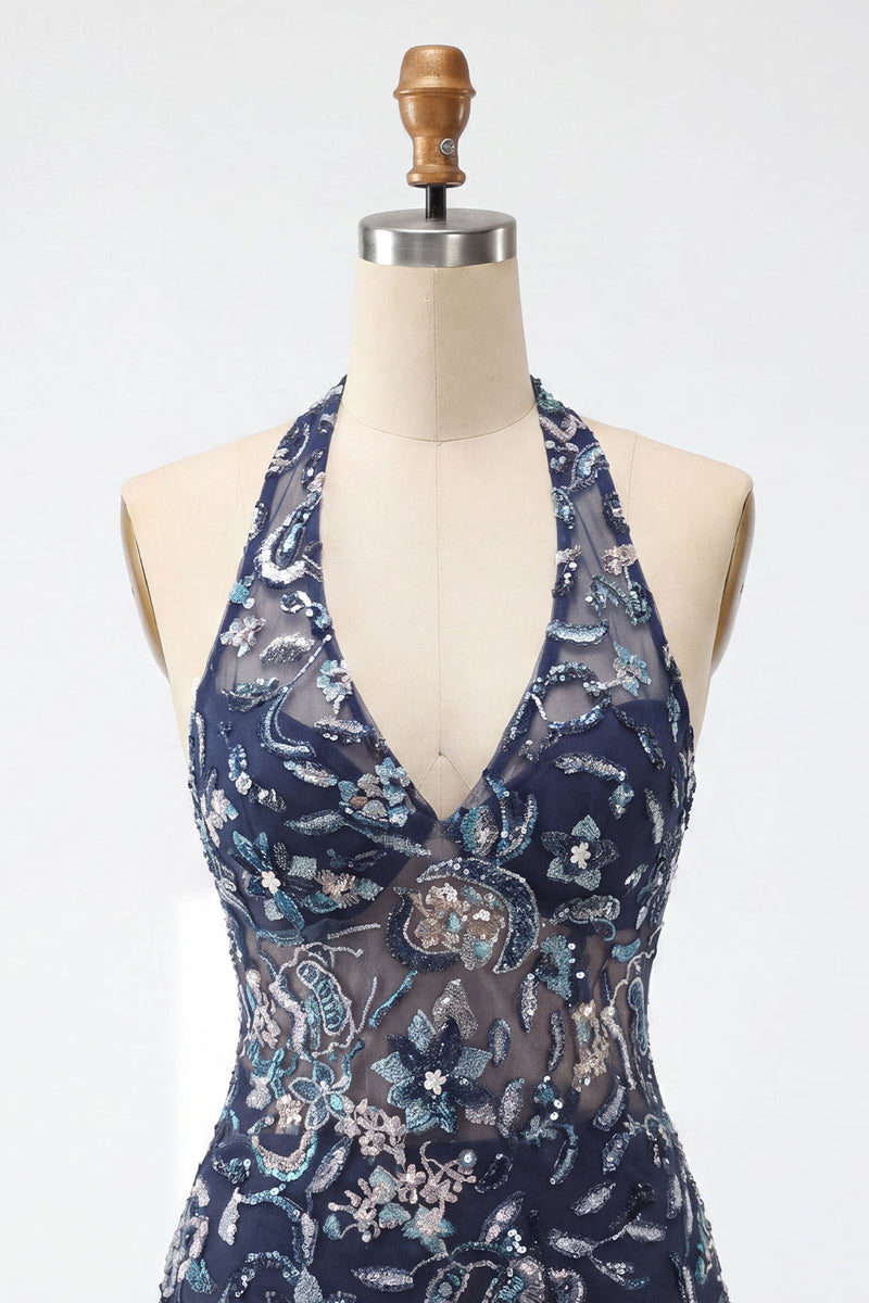 Load image into Gallery viewer, Floral Navy Tight Ruffled Halter Sparkly Short Cocktail Dress with Beading