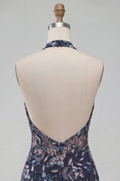Load image into Gallery viewer, Floral Navy Tight Ruffled Halter Sparkly Short Cocktail Dress with Beading