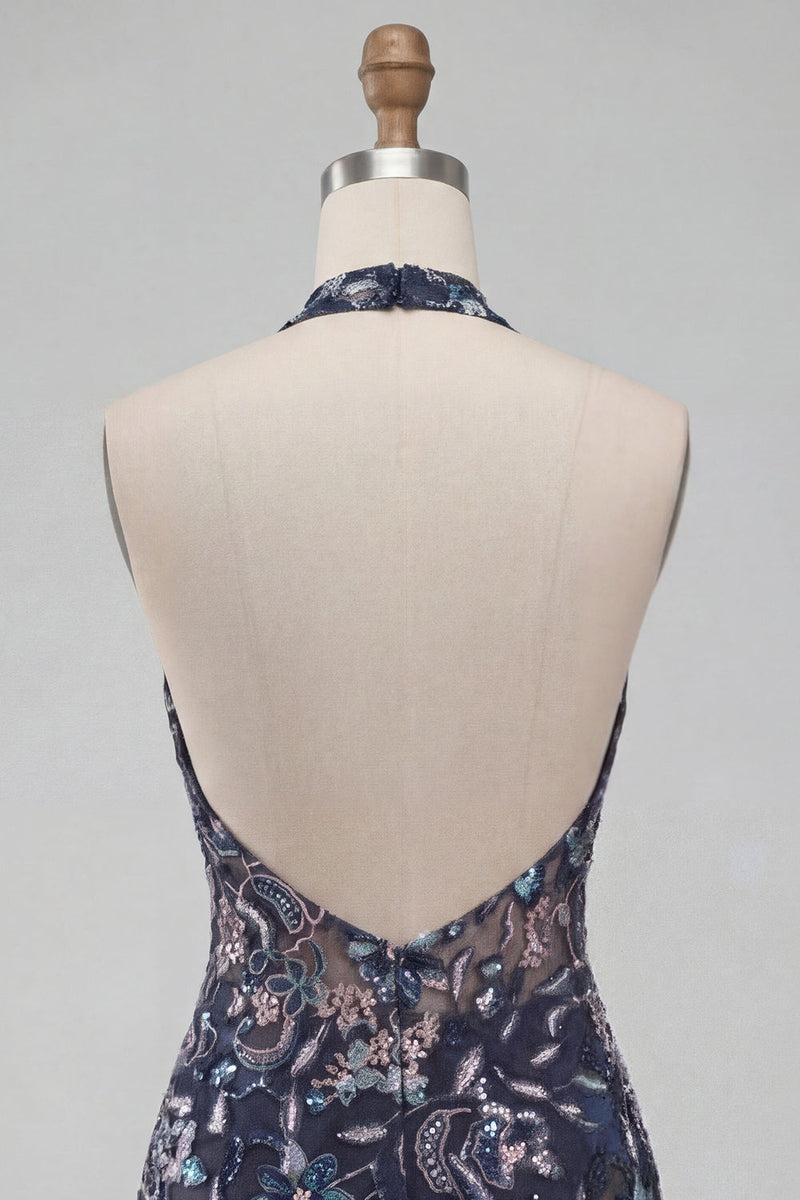 Load image into Gallery viewer, Floral Navy Tight Ruffled Halter Sparkly Short Cocktail Dress with Beading