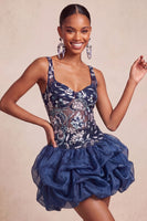 Load image into Gallery viewer, Navy Floral A Line Beaded Sparkly Mini Cocktail Dress with Ruffles