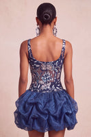Load image into Gallery viewer, Navy Floral A Line Beaded Sparkly Mini Cocktail Dress with Ruffles