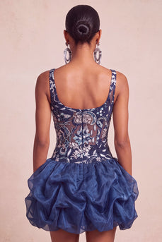 Navy Floral A Line Beaded Sparkly Mini Cocktail Dress with Ruffles