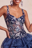 Load image into Gallery viewer, Navy Floral A Line Beaded Sparkly Mini Cocktail Dress with Ruffles