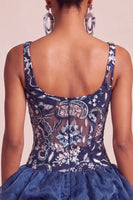 Load image into Gallery viewer, Navy Floral A Line Beaded Sparkly Mini Cocktail Dress with Ruffles