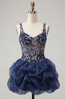 Load image into Gallery viewer, Navy Floral A Line Beaded Sparkly Mini Cocktail Dress with Ruffles