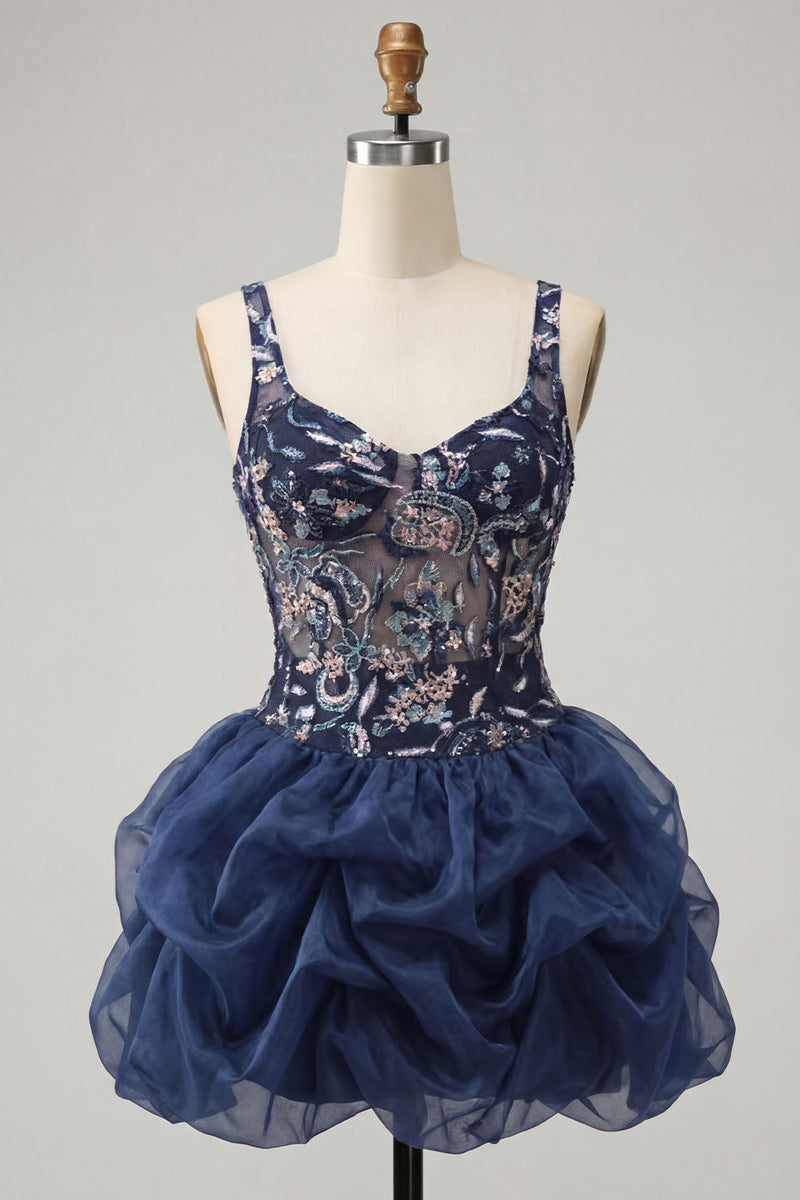 Load image into Gallery viewer, Navy Floral A Line Beaded Sparkly Mini Cocktail Dress with Ruffles