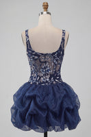 Load image into Gallery viewer, Navy Floral A Line Beaded Sparkly Mini Cocktail Dress with Ruffles