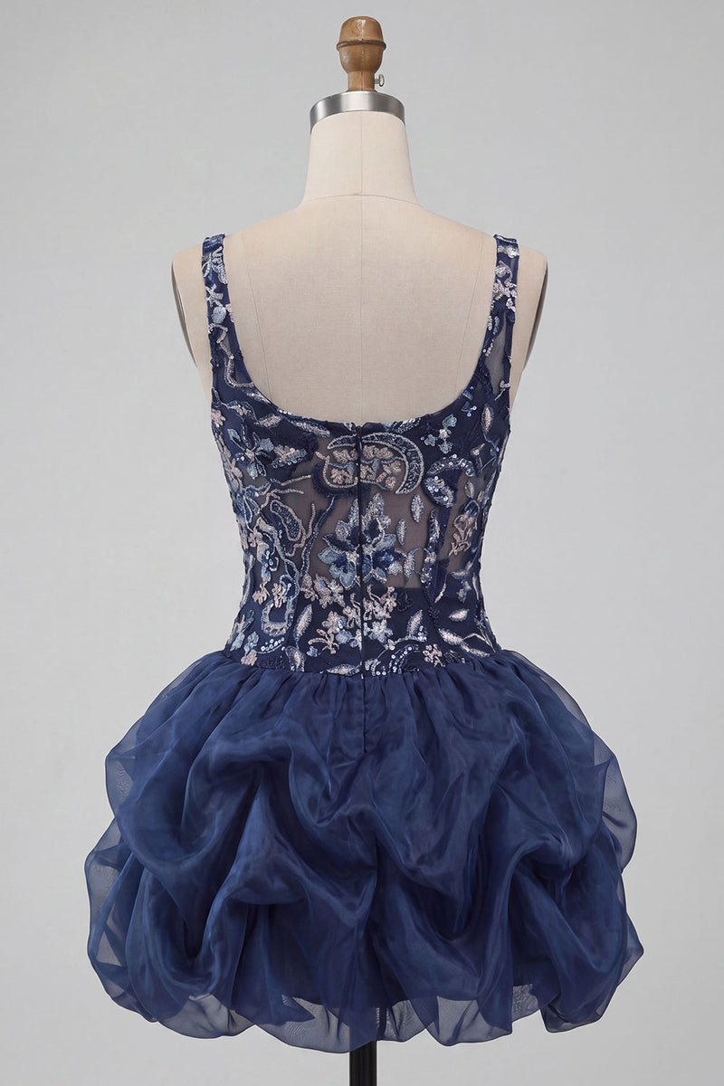 Load image into Gallery viewer, Navy Floral A Line Beaded Sparkly Mini Cocktail Dress with Ruffles