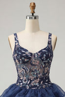 Load image into Gallery viewer, Navy Floral A Line Beaded Sparkly Mini Cocktail Dress with Ruffles