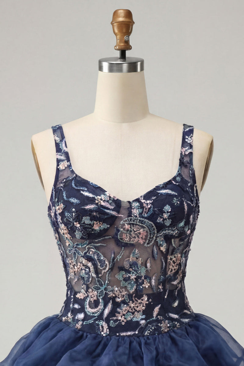 Load image into Gallery viewer, Navy Floral A Line Beaded Sparkly Mini Cocktail Dress with Ruffles