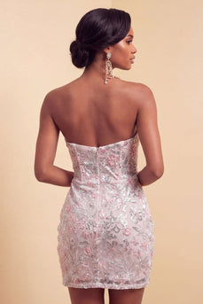 Sparkly Blush Floral Corset Tight Ruched Sequins Short Cocktail Dress