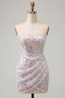 Load image into Gallery viewer, Sparkly Blush Floral Corset Tight Ruched Sequins Short Cocktail Dress