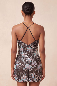 Black Tight Floral Sparkly Sequins Short Cocktail Dress with Slit