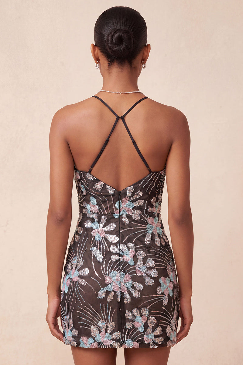 Load image into Gallery viewer, Black Tight Floral Sparkly Sequins Short Cocktail Dress with Slit