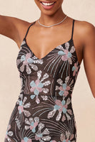 Load image into Gallery viewer, Black Tight Floral Sparkly Sequins Short Cocktail Dress with Slit