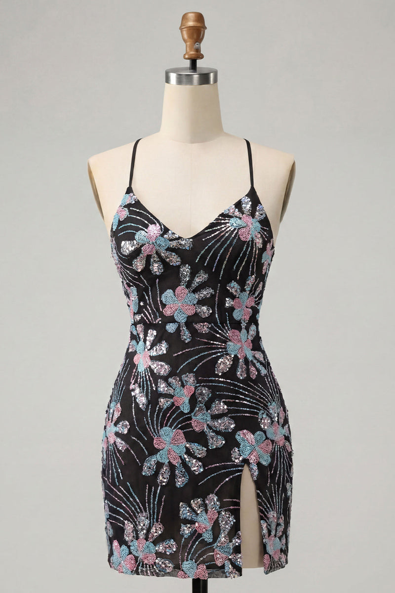 Load image into Gallery viewer, Black Tight Floral Sparkly Sequins Short Cocktail Dress with Slit