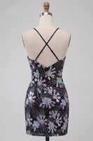 Load image into Gallery viewer, Black Tight Floral Sparkly Sequins Short Cocktail Dress with Slit