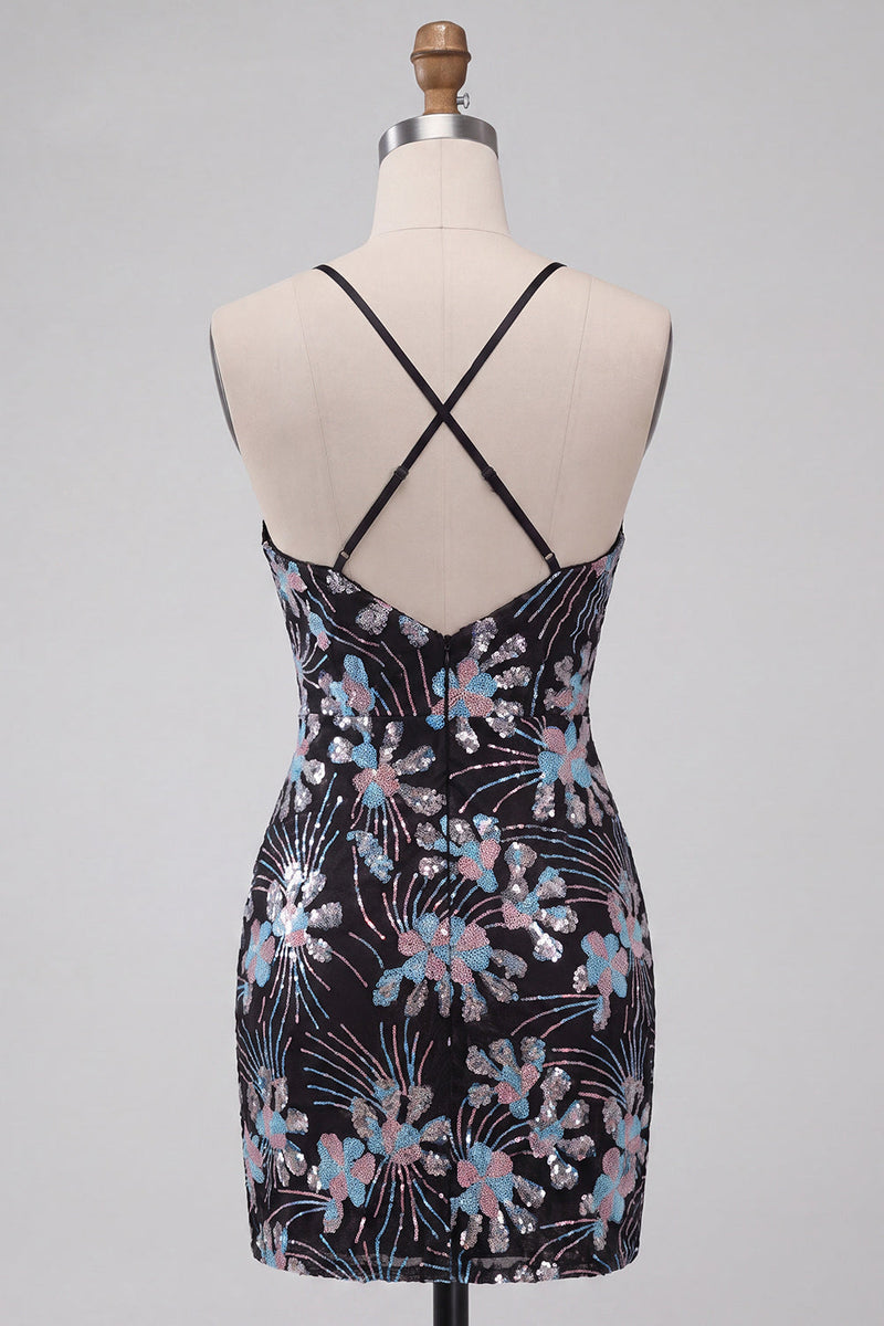Load image into Gallery viewer, Black Tight Floral Sparkly Sequins Short Cocktail Dress with Slit