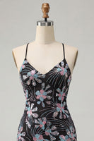 Load image into Gallery viewer, Black Tight Floral Sparkly Sequins Short Cocktail Dress with Slit