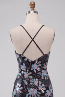 Load image into Gallery viewer, Black Tight Floral Sparkly Sequins Short Cocktail Dress with Slit