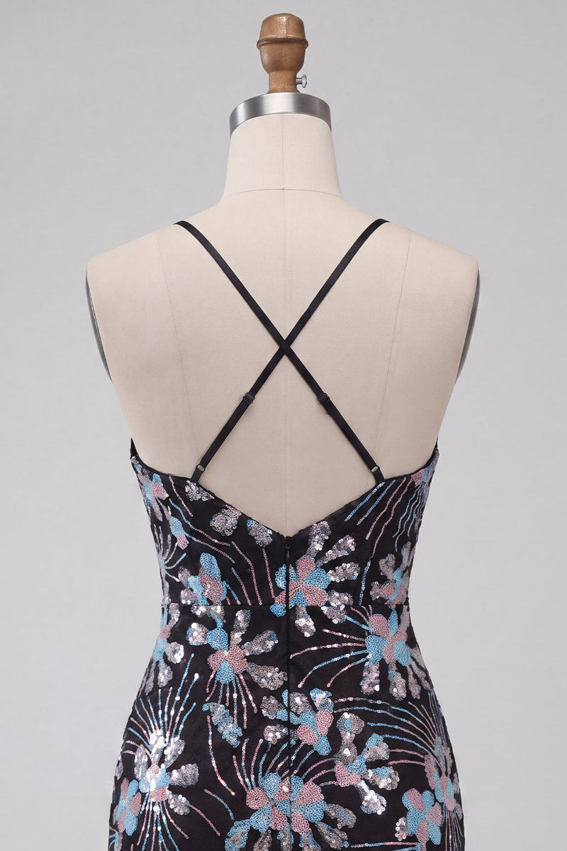 Load image into Gallery viewer, Black Tight Floral Sparkly Sequins Short Cocktail Dress with Slit