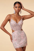 Load image into Gallery viewer, Floral Blush Cut Out Sparkly Tight Short Corset Cocktail Dress