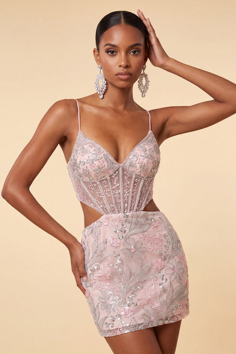Load image into Gallery viewer, Floral Blush Cut Out Sparkly Tight Short Corset Cocktail Dress