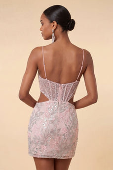 Floral Blush Cut Out Sparkly Tight Short Corset Cocktail Dress