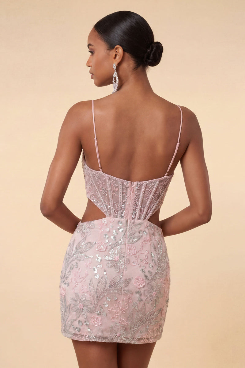 Load image into Gallery viewer, Floral Blush Cut Out Sparkly Tight Short Corset Cocktail Dress