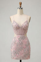 Load image into Gallery viewer, Floral Blush Cut Out Sparkly Tight Short Corset Cocktail Dress