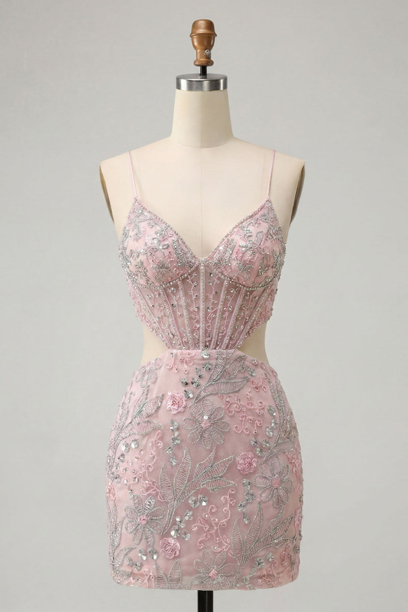 Load image into Gallery viewer, Floral Blush Cut Out Sparkly Tight Short Corset Cocktail Dress