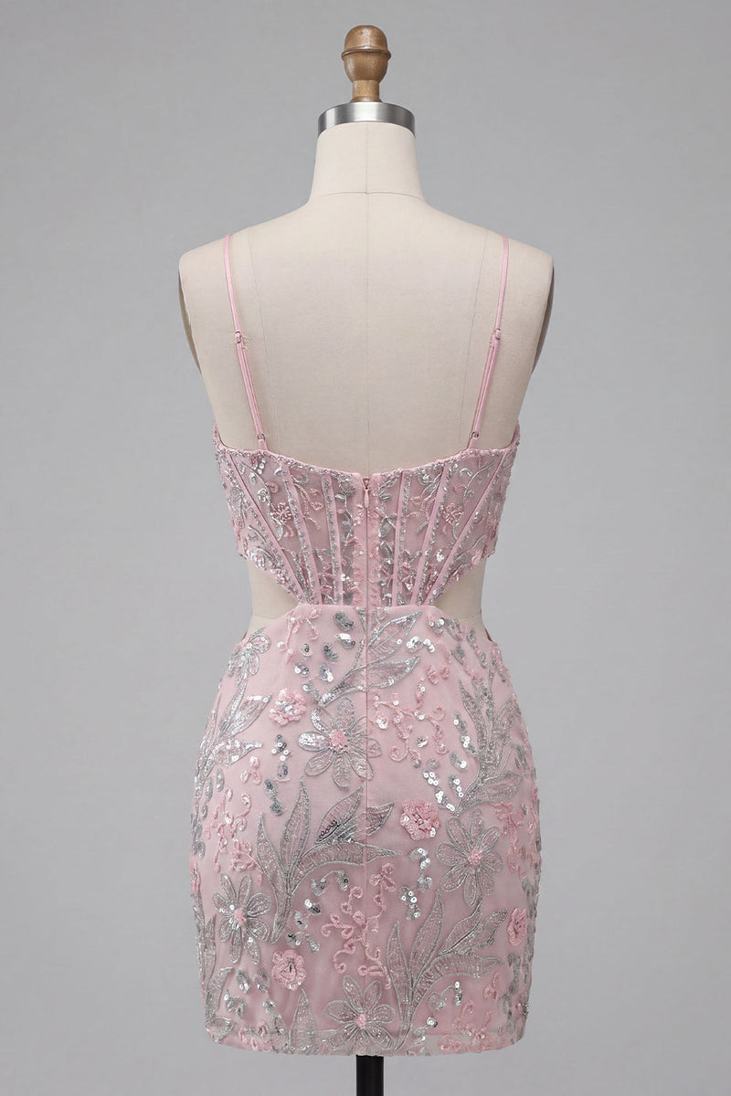 Load image into Gallery viewer, Floral Blush Cut Out Sparkly Tight Short Corset Cocktail Dress