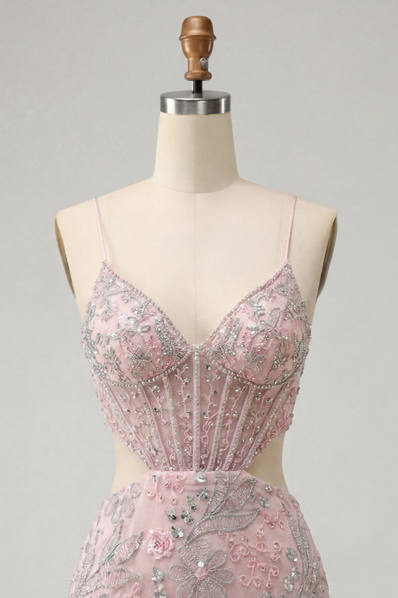 Load image into Gallery viewer, Floral Blush Cut Out Sparkly Tight Short Corset Cocktail Dress