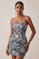 Load image into Gallery viewer, Dark Grey Corset Floral Sparkly Strapless Tight Short Cocktail Dress with Drape