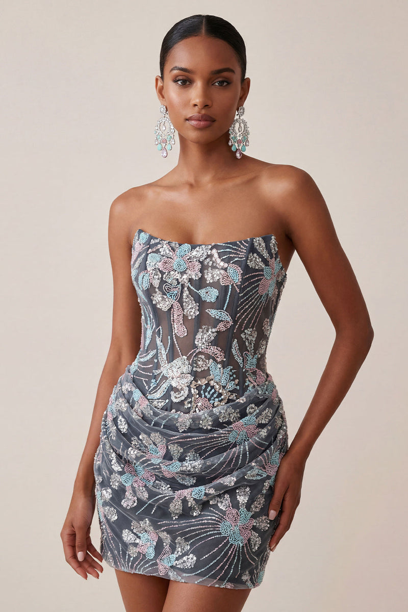 Load image into Gallery viewer, Dark Grey Corset Floral Sparkly Strapless Tight Short Cocktail Dress with Drape