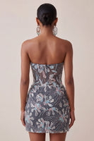 Load image into Gallery viewer, Dark Grey Corset Floral Sparkly Strapless Tight Short Cocktail Dress with Drape