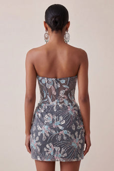 Dark Grey Corset Floral Sparkly Strapless Tight Short Cocktail Dress with Drape