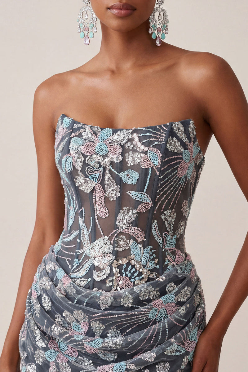 Load image into Gallery viewer, Dark Grey Corset Floral Sparkly Strapless Tight Short Cocktail Dress with Drape