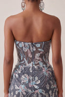 Load image into Gallery viewer, Dark Grey Corset Floral Sparkly Strapless Tight Short Cocktail Dress with Drape