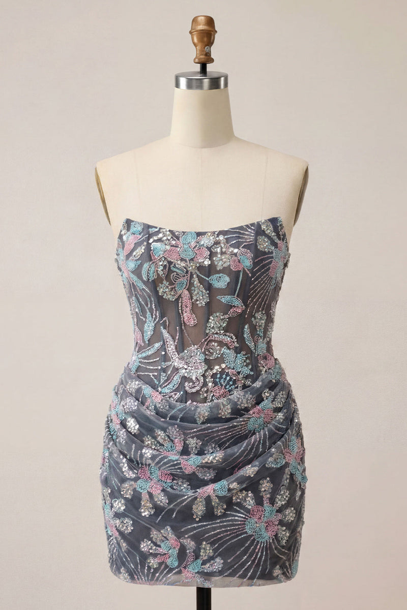 Load image into Gallery viewer, Dark Grey Corset Floral Sparkly Strapless Tight Short Cocktail Dress with Drape