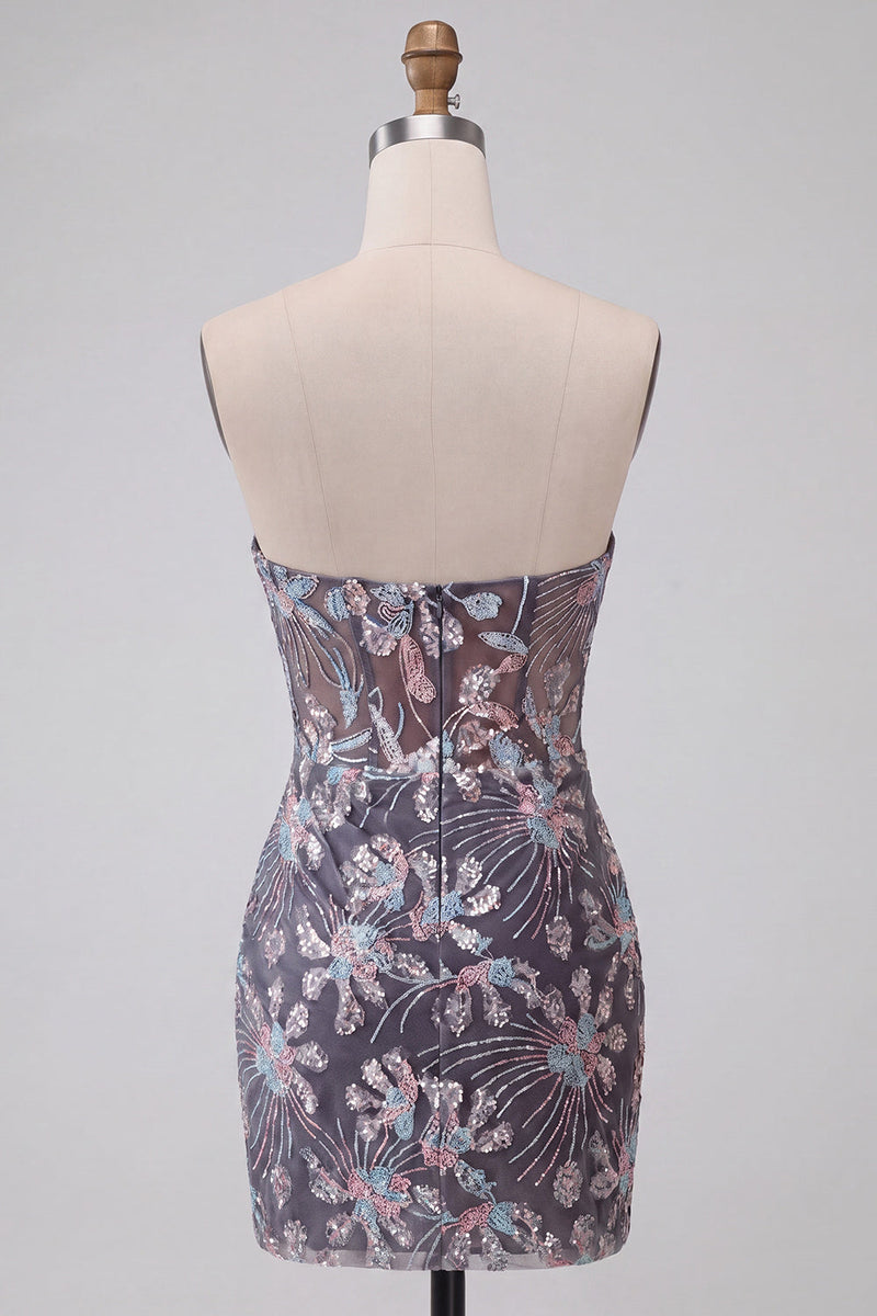 Load image into Gallery viewer, Dark Grey Corset Floral Sparkly Strapless Tight Short Cocktail Dress with Drape