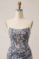 Load image into Gallery viewer, Dark Grey Corset Floral Sparkly Strapless Tight Short Cocktail Dress with Drape