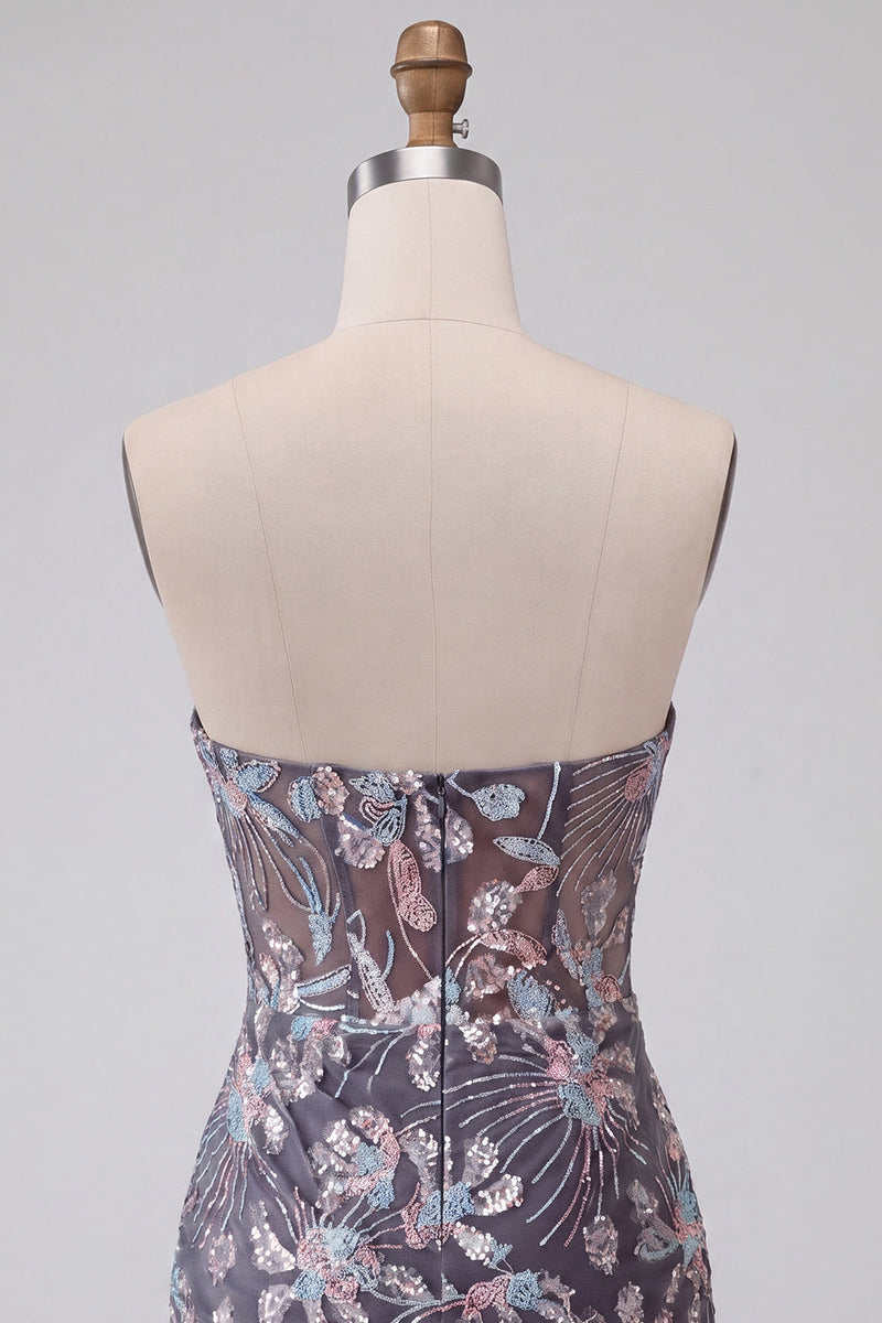 Load image into Gallery viewer, Dark Grey Corset Floral Sparkly Strapless Tight Short Cocktail Dress with Drape