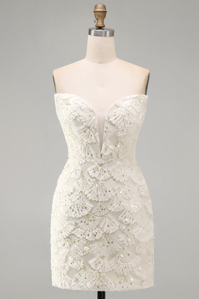 Load image into Gallery viewer, Sparkly Floral Ivory Sequin Sweetheart Short Tight Cocktail Dress