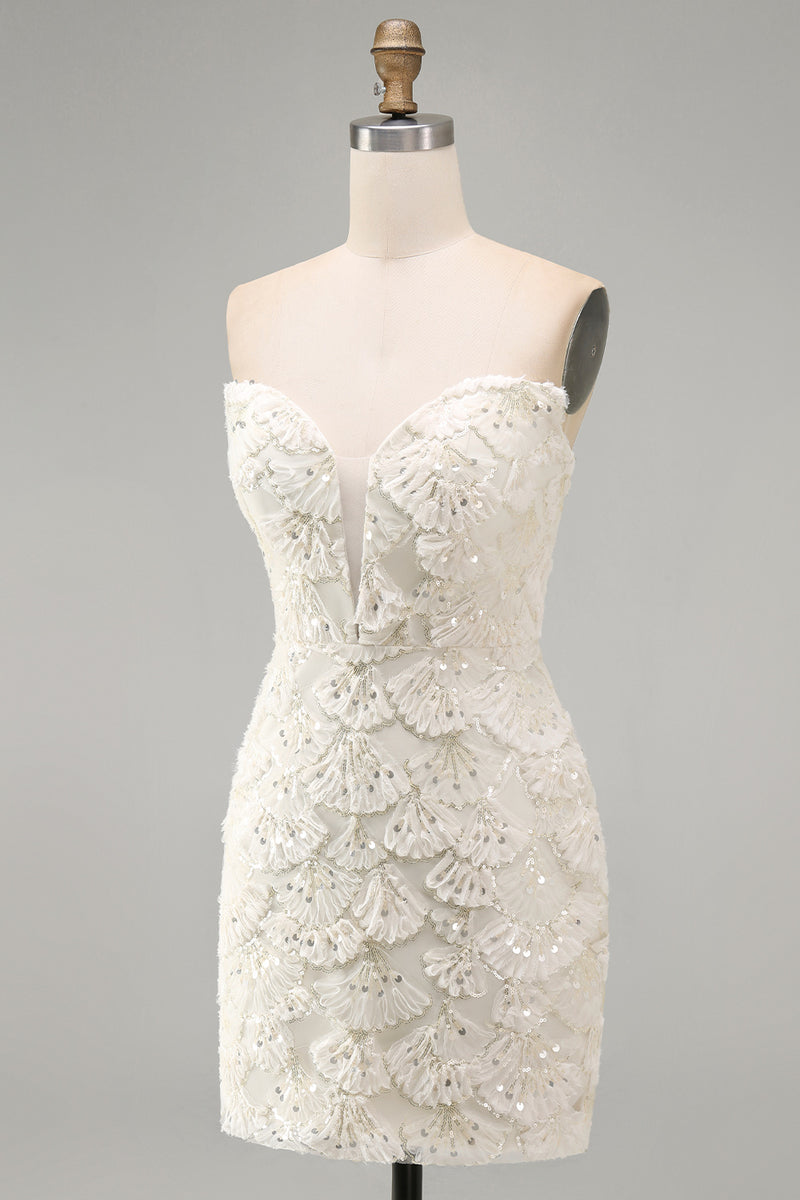 Load image into Gallery viewer, Sparkly Floral Ivory Sequin Sweetheart Short Tight Cocktail Dress