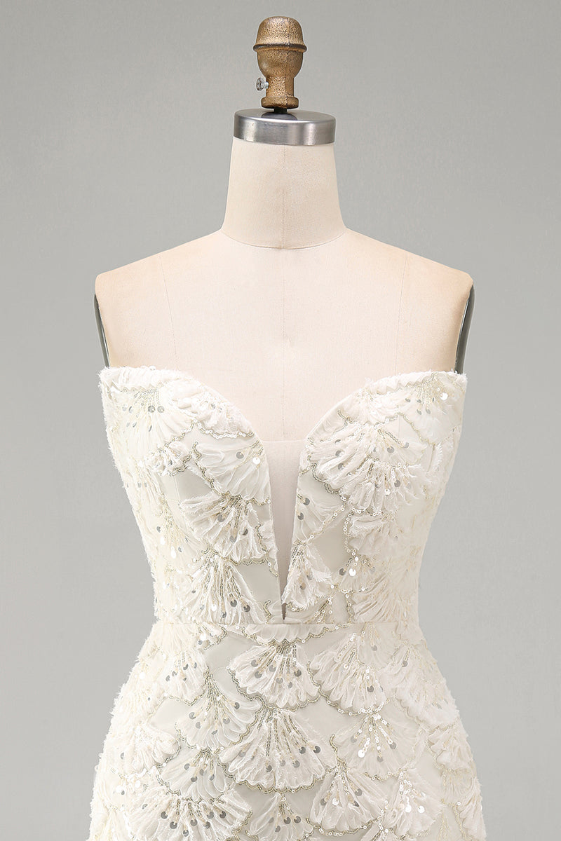 Load image into Gallery viewer, Sparkly Floral Ivory Sequin Sweetheart Short Tight Cocktail Dress