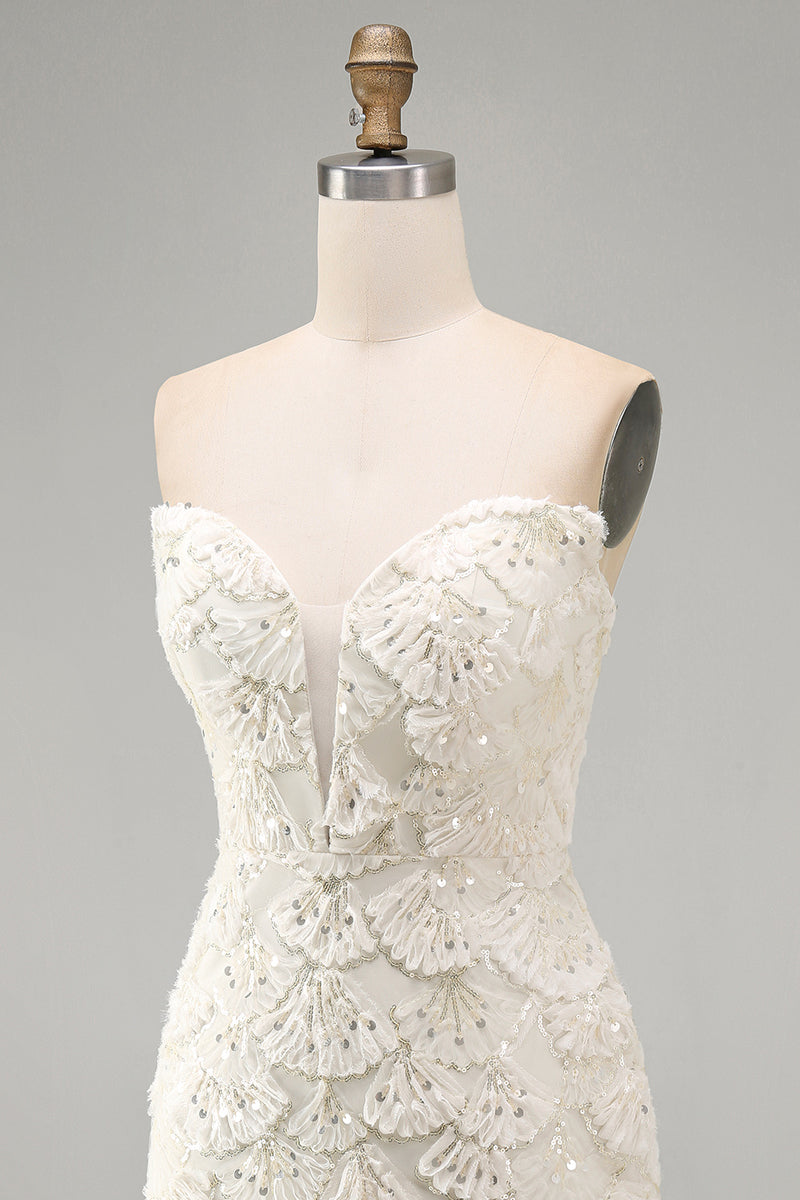Load image into Gallery viewer, Sparkly Floral Ivory Sequin Sweetheart Short Tight Cocktail Dress