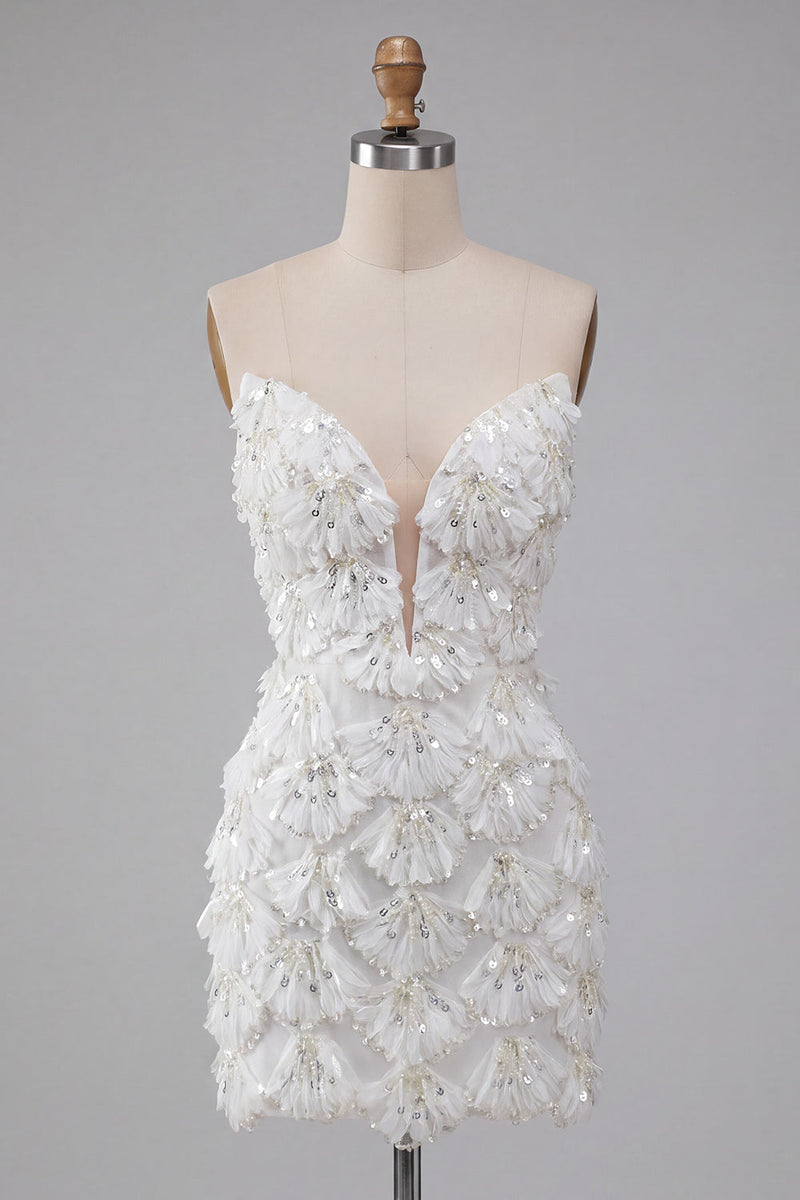 Load image into Gallery viewer, Sparkly Floral Ivory Sequin Sweetheart Short Tight Cocktail Dress